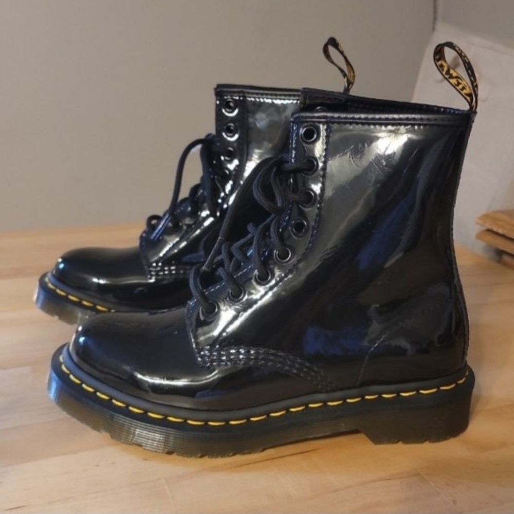 Dr. Martens Black Patent 8-Eye Lace-Up Boots with Yellow Stitching